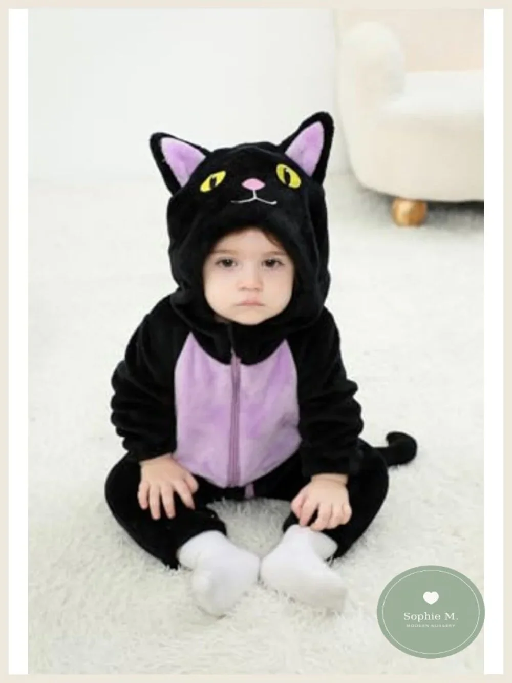 Toddler Black Cat Costume Halloween Outfit Long Sleeve Hooded Jumpsuit Polyester